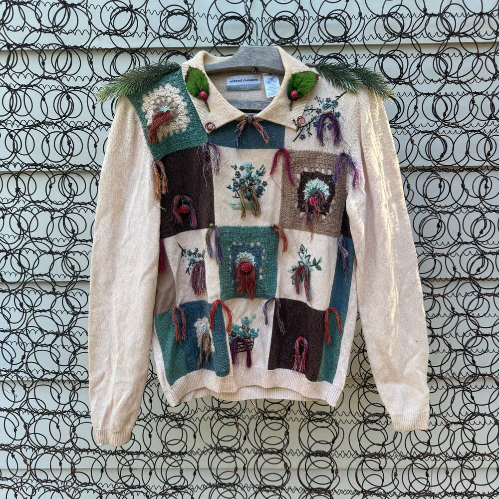 Vintage 90s Alfred Dunner Christmas Folk Rustic Patchwork Sampler Sweater PM
